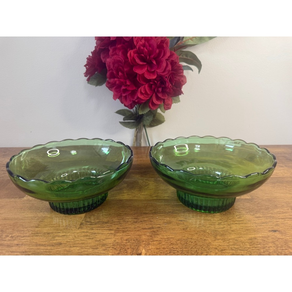 E O Brody Emerald Green Pedestal Glass‎ Bowls Vintage Set Mid Century Decor USA